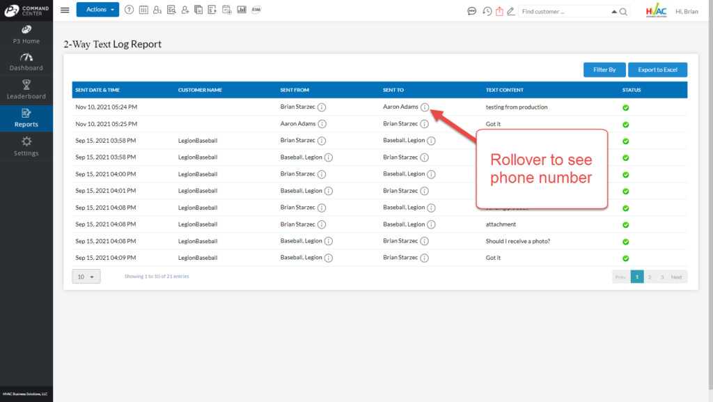 2 Way Text Log Report View