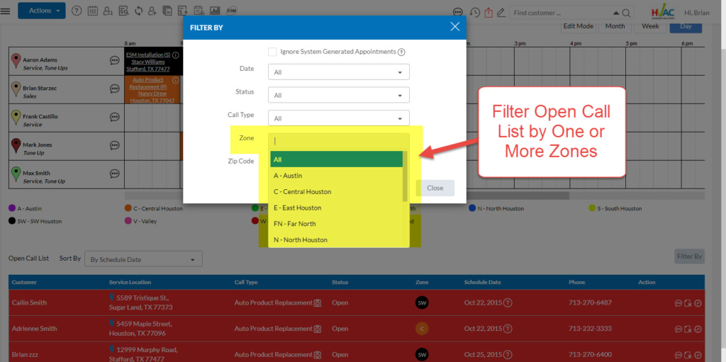 Open Call List - Filter By Zones