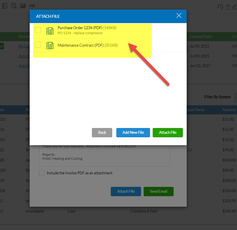 Now the Existing File and the New File are Available to be Added to Invoice 