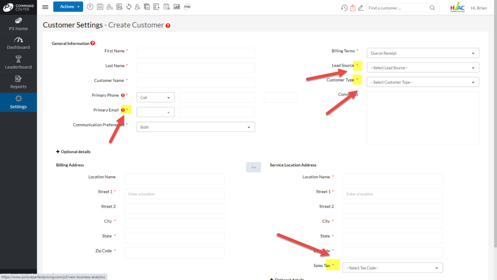Create Customer - Required Fields