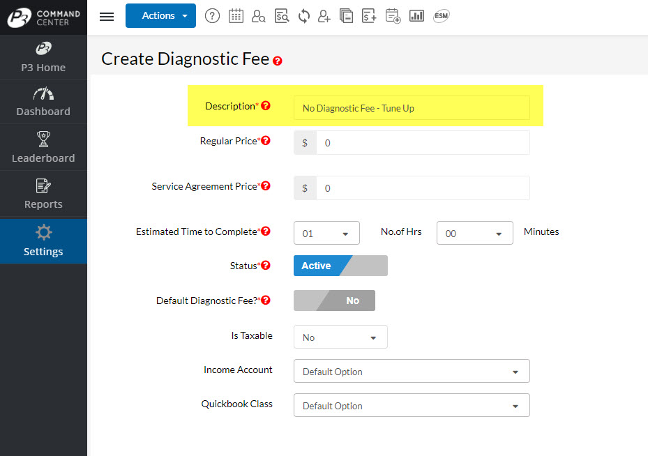 Create Diagnostic Fee