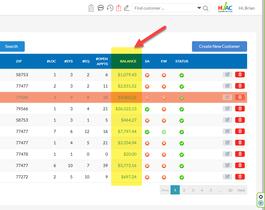 Customer List Balance View