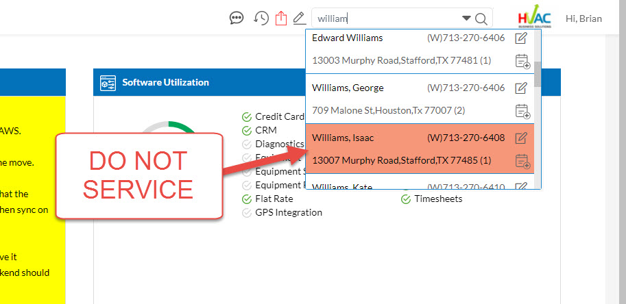 How the Customer Search Shows a Do Not Service Customer in Results