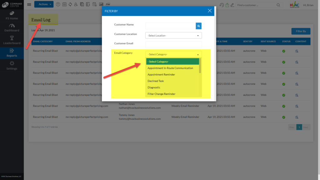 Email Log Report Filters