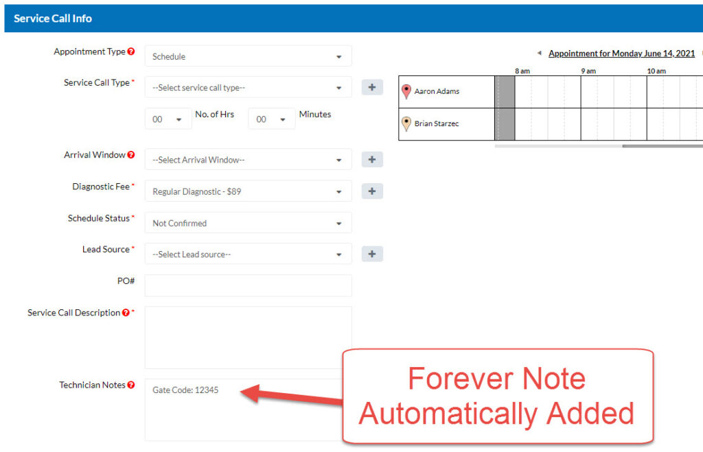 Forever Note Displays on New Service Call