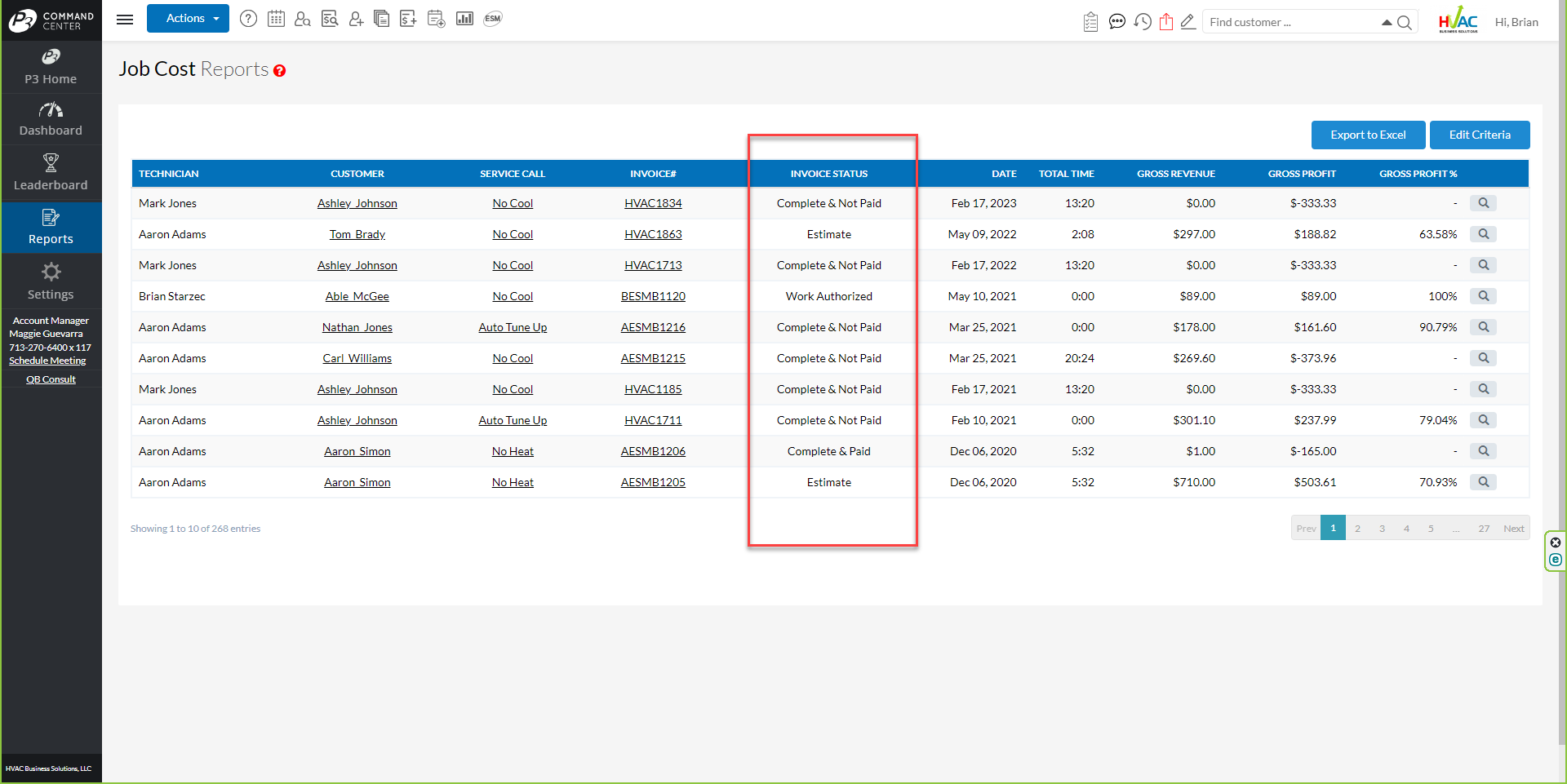 Job Cost Report - Invoice Status