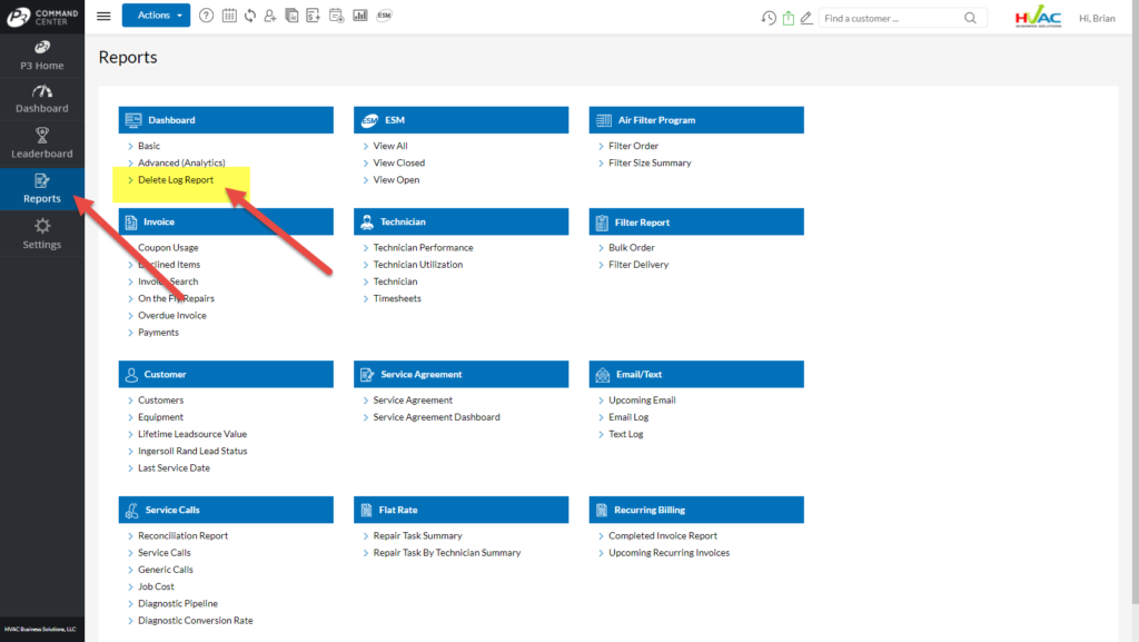 Where to find the Delete Log Report in P3 HVAC Software