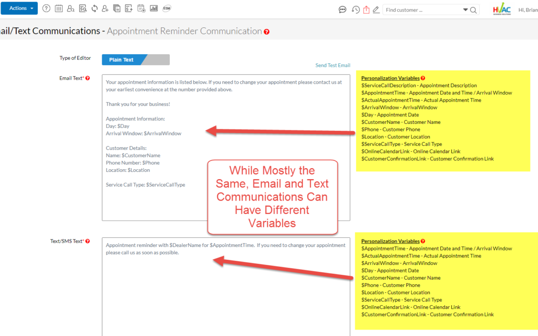 Tuesday Tool Tip – P3 HVAC Software – Email & Text Personalization Variables