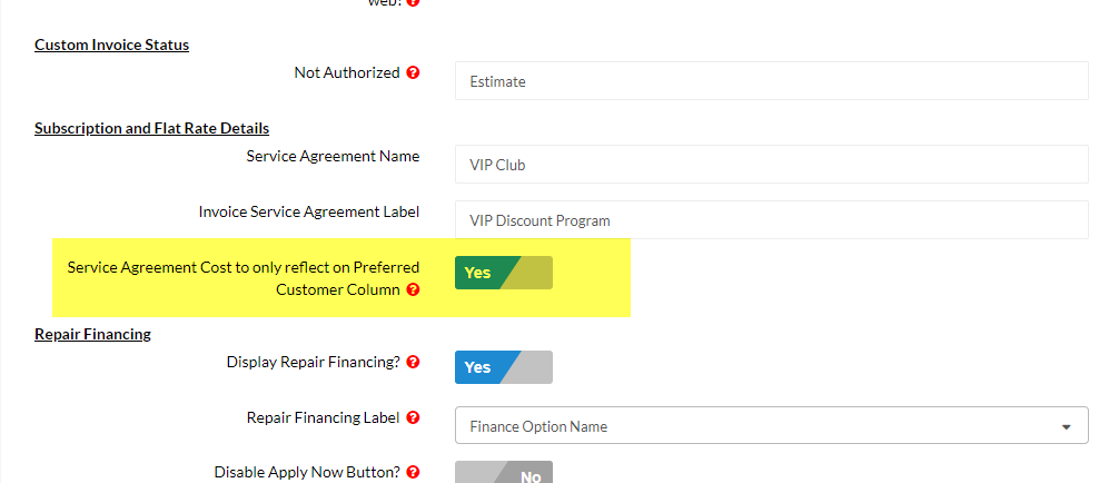 Service Agreement Invoice Setting Activated