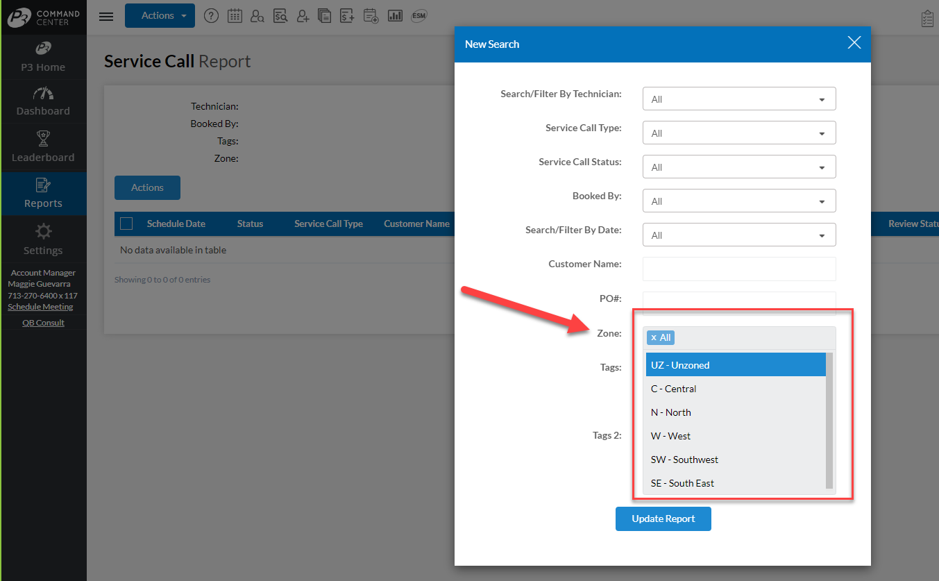 Zone Filter - Service Call Report